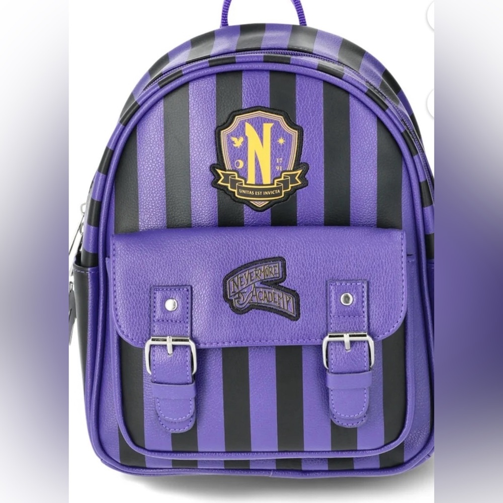 Wednesday Addams Nevermore Academy Women's Striped Mini Backpack, Purple/Black